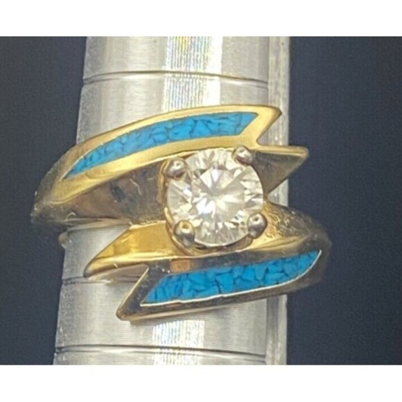 Vtg 'Ring 92 SW CZ Solitaire Yellow Gold Plated Wrap Crushed Turquoise Size 5.5 - Picture 2 of 14